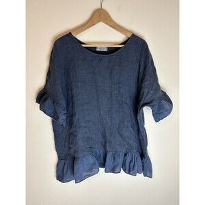 Terzo Millennio 100% Linen Navy Ruffle Sleeve Top M Blue Blouse Shirt Lagenlook